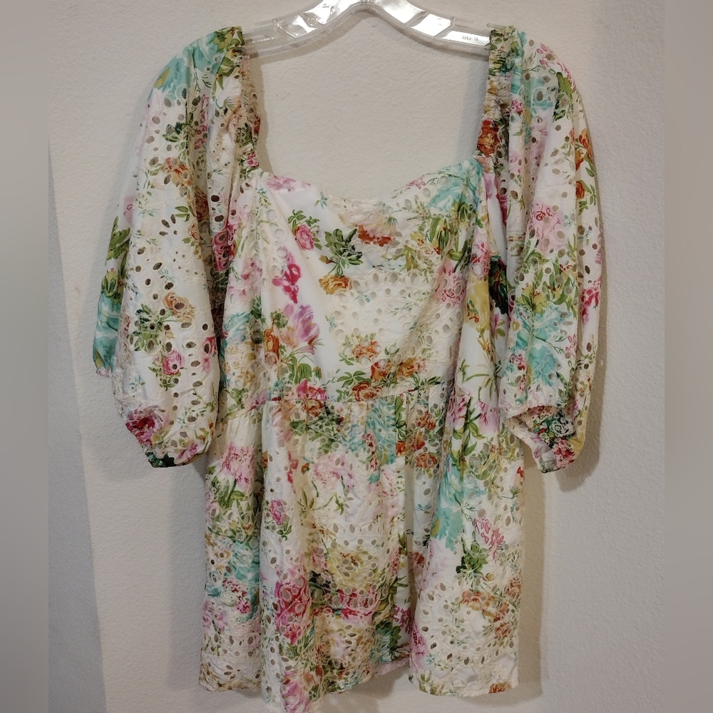 Oddy Multicolor Floral Eyelet Blouse, 2X - Picture 2 of 4